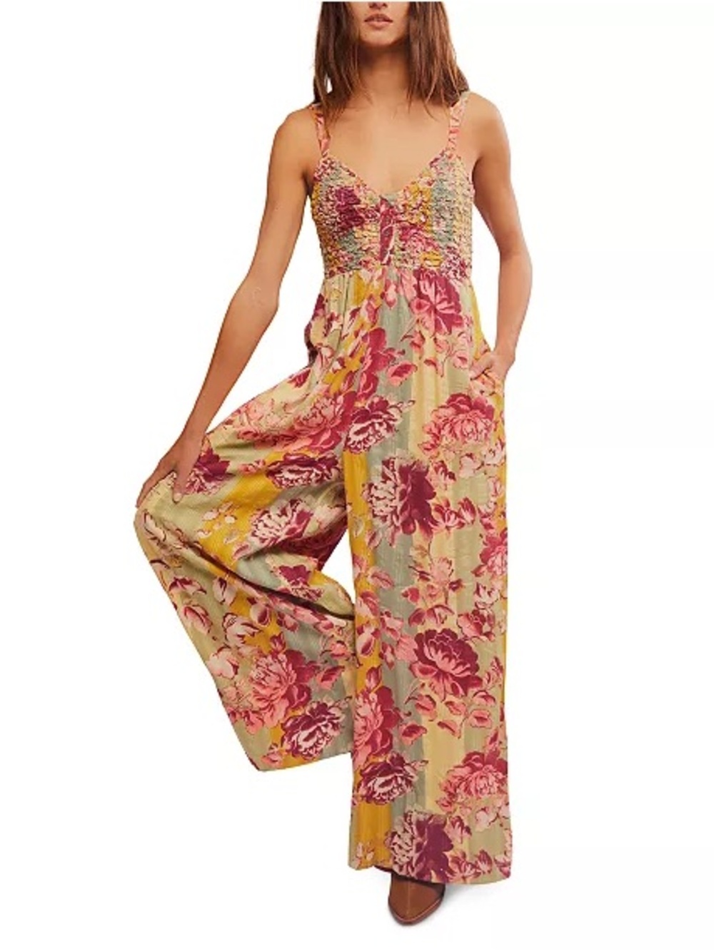 Free People Floral Smocked Wide-Leg Jumpsuit in Pink and Yellow